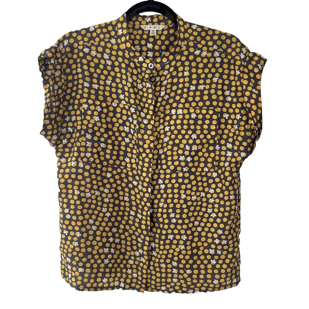 CAbi 100% Silk Gray and Yellow Polka Dot Button Blouse Women's XS EUC